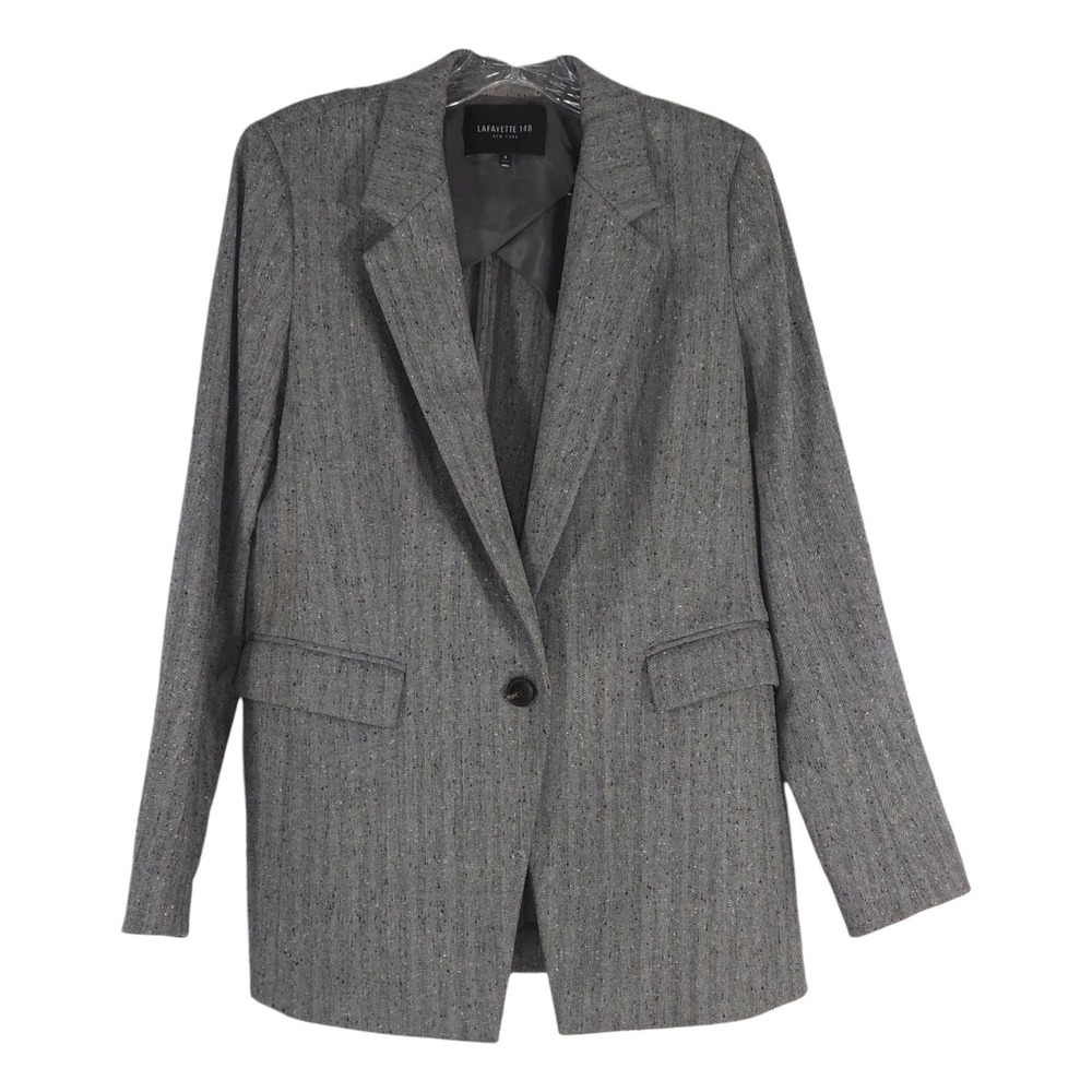 Lafayette 148 New York Wool Blend Herringbone Longline Blazer Notch Lapel Gray 6